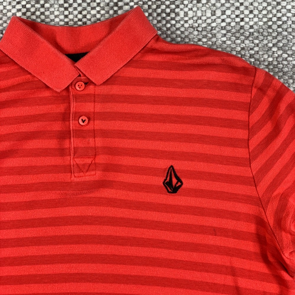 Volcom Nerder Halfstripe Polo Mens Medium Red Orange Striped Short Sleeve Shirt